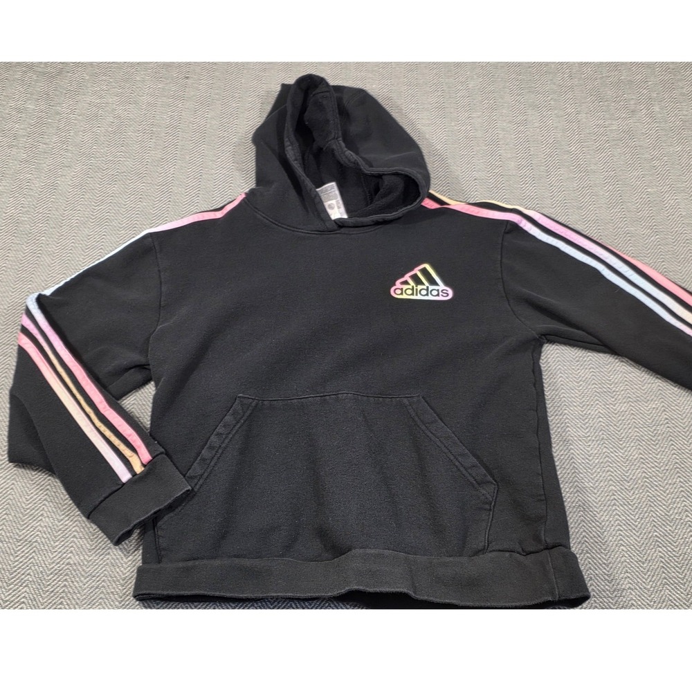 Adidas Girls Black Loose Fit Hoodie Pastel Gradient 3-Stripes Rainbow  L 14/16‎